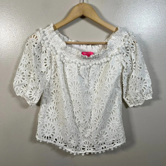 Lilly Pulitzer Raylee Eyelet Off The Shoulder Top Size XXS White Pom Poms Preppy - Picture 2 of 9